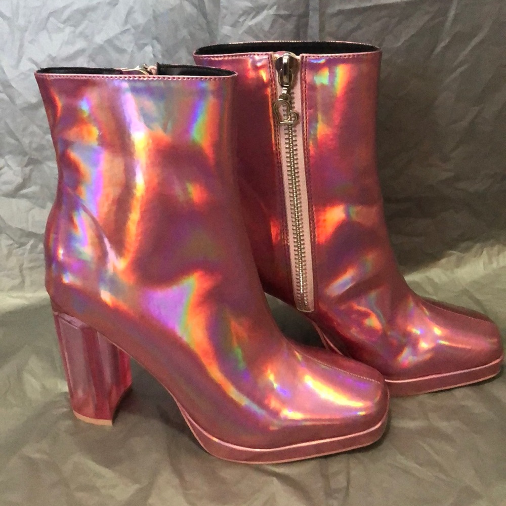 Sugar thrillz pink holo ankle boots